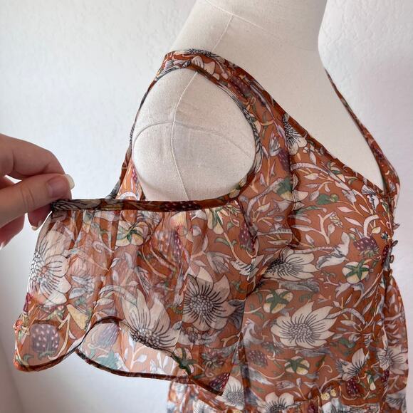 Mystree Floral High Low Tunic Top size Small Orange Cold Shoulder Boho Fairycore - Picture 6 of 10